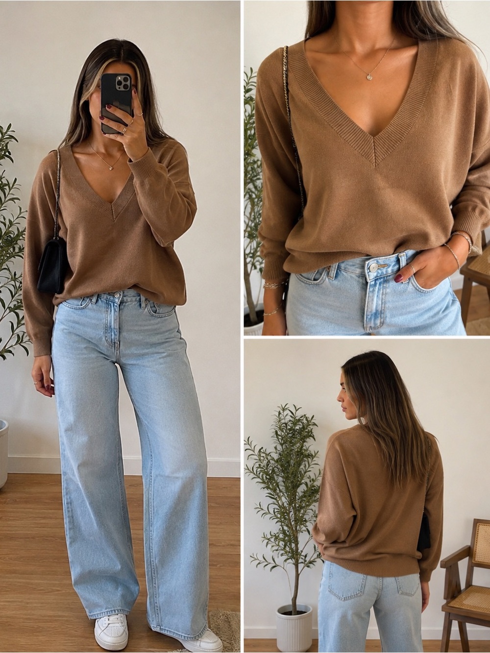 Express Deep V-Neck Sweater XS Tan Camel Long Sleeve Y2K Chic